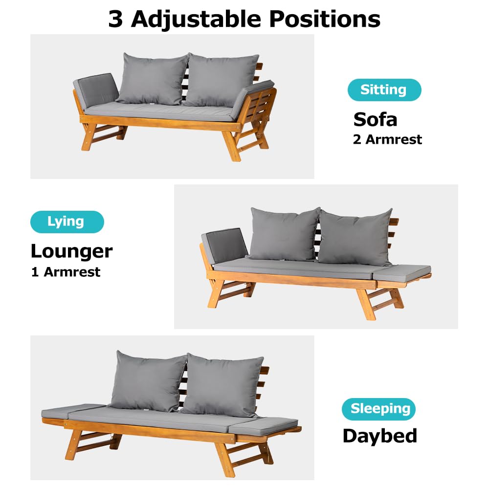Acacia Wood Convertible Outdoor Sofa Bed with Adjustable Armrests & Cushions