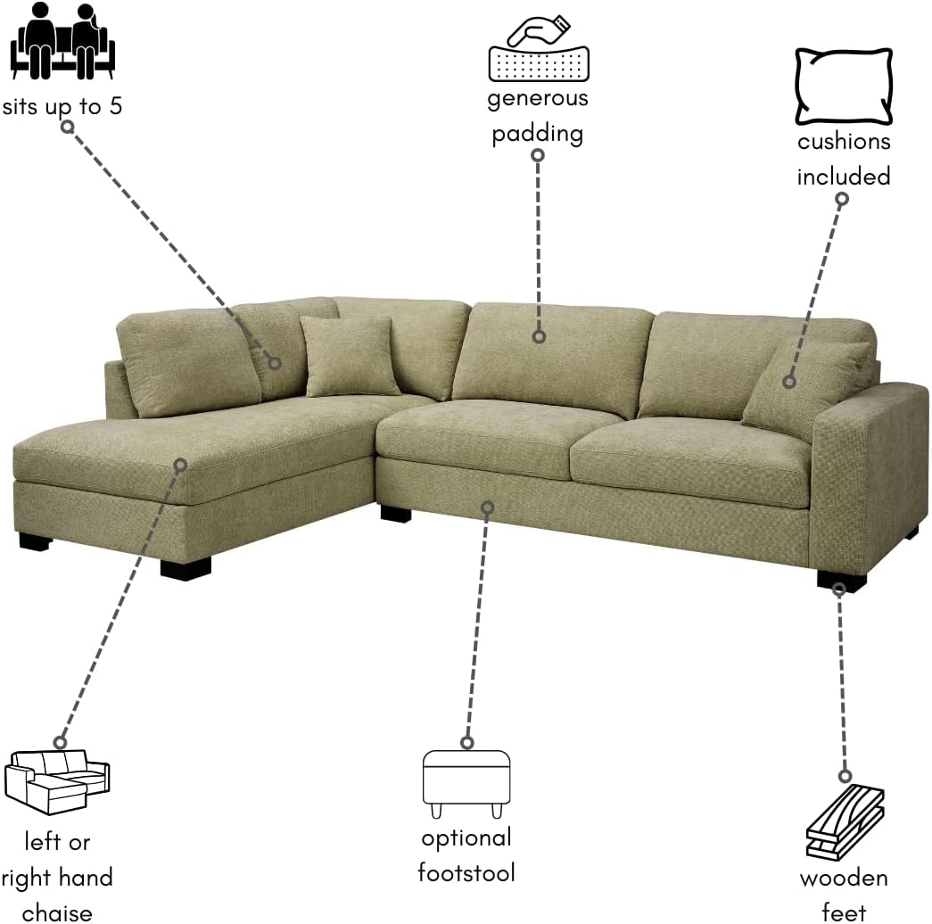 Large Corner Sofa, Left or Right Hand Corner Sofa, Couch in Upholstered Teddy Jumbo Cord or Chenille Fabric, L Shaped Sofas with Optional Footstool (Sage Green Chenille, Left Hand Facing)