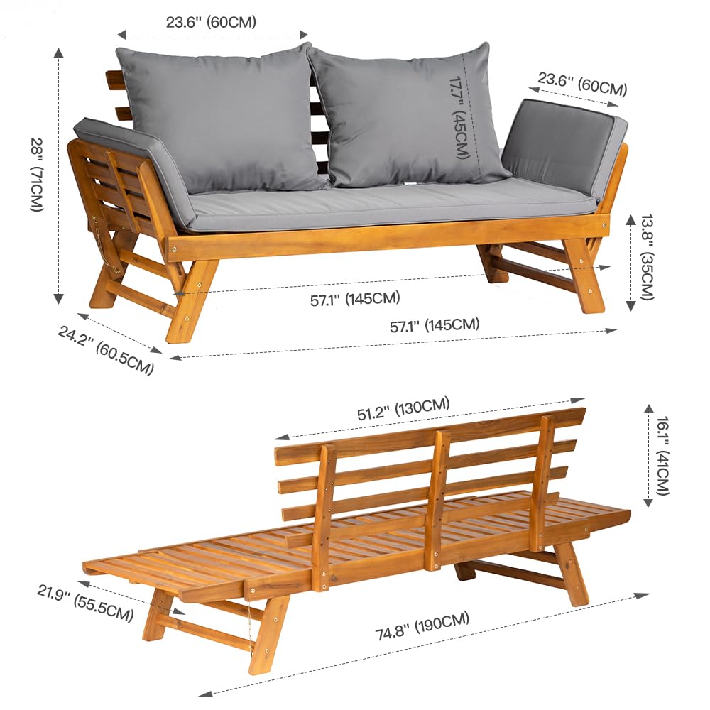 Acacia Wood Convertible Outdoor Sofa Bed with Adjustable Armrests & Cushions