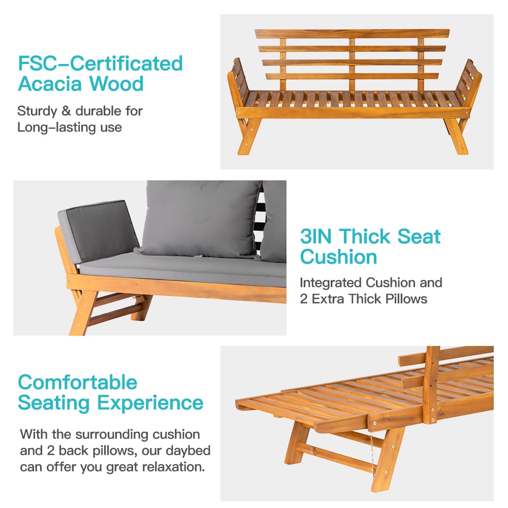 Acacia Wood Convertible Outdoor Sofa Bed with Adjustable Armrests & Cushions