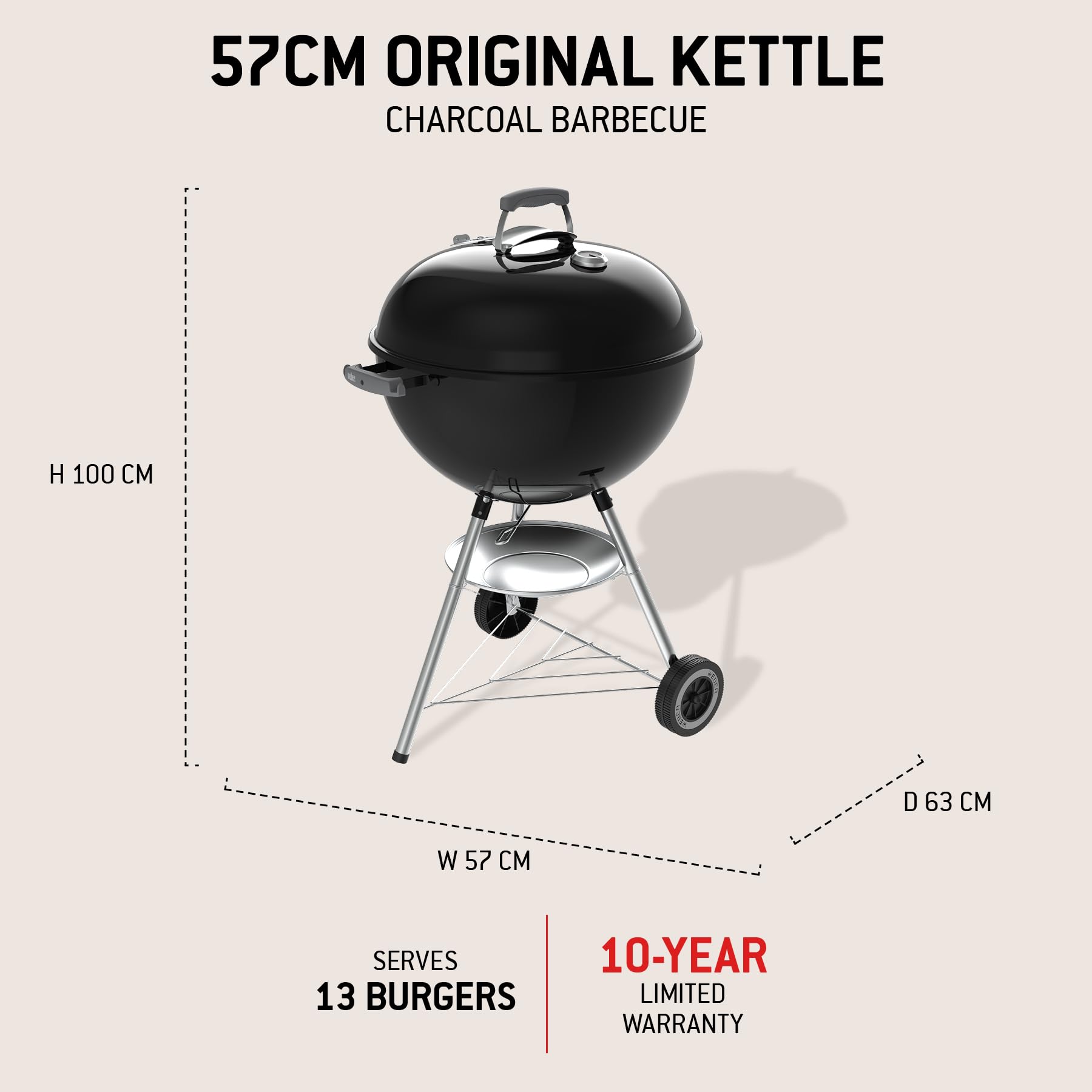 57cm Charcoal Kettle BBQ Grill with Lid Thermometer & One-Touch Cleaning System