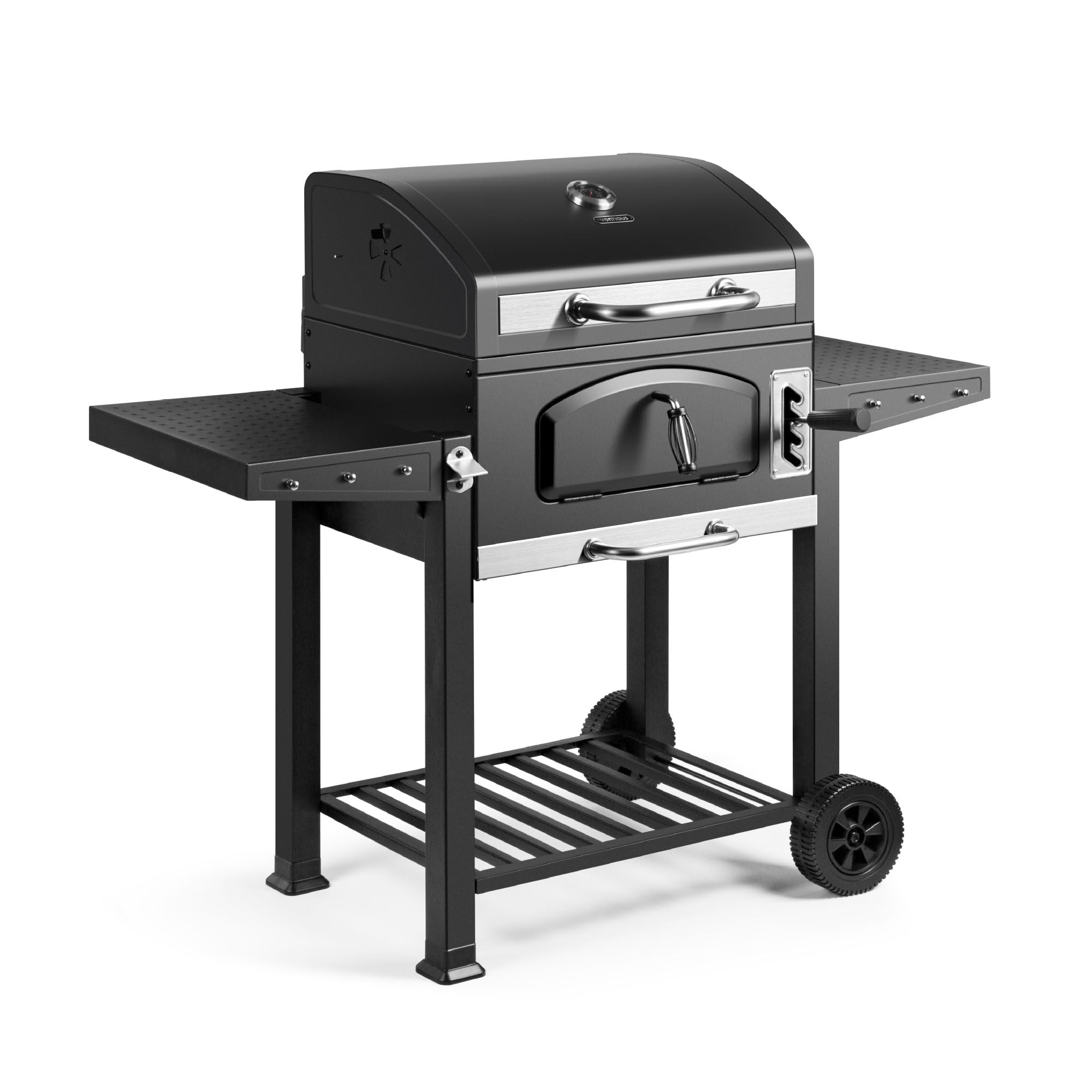 XL Charcoal BBQ Grill & Smoker with Cast Iron Grates, Side Shelves & Warming Rack