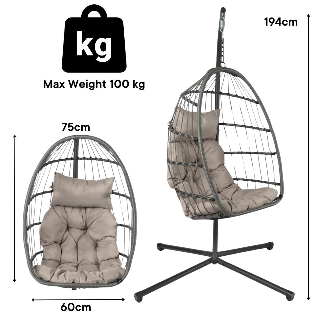 Hanging Egg Chair with Stand, Cushion & Foldable Rattan Basket
