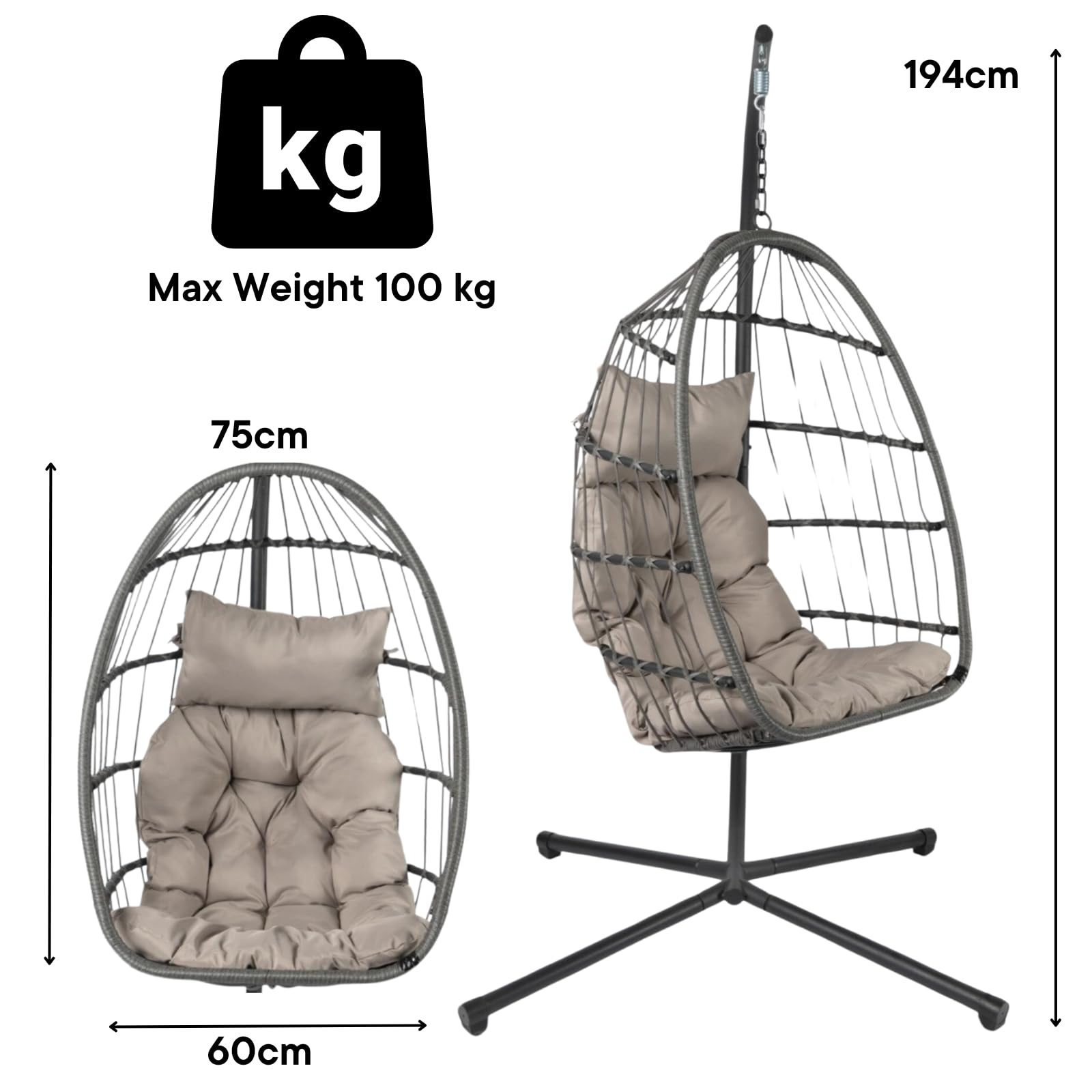 Hanging Egg Chair with Stand, Cushion & Foldable Rattan Basket