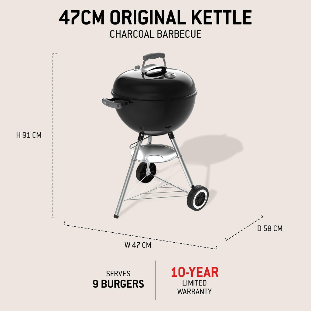 47cm Charcoal Kettle BBQ Grill with Lid Thermometer & One-Touch Cleaning System