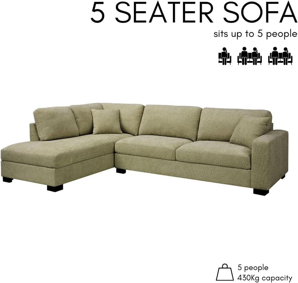 Large Corner Sofa, Left or Right Hand Corner Sofa, Couch in Upholstered Teddy Jumbo Cord or Chenille Fabric, L Shaped Sofas with Optional Footstool (Sage Green Chenille, Left Hand Facing)