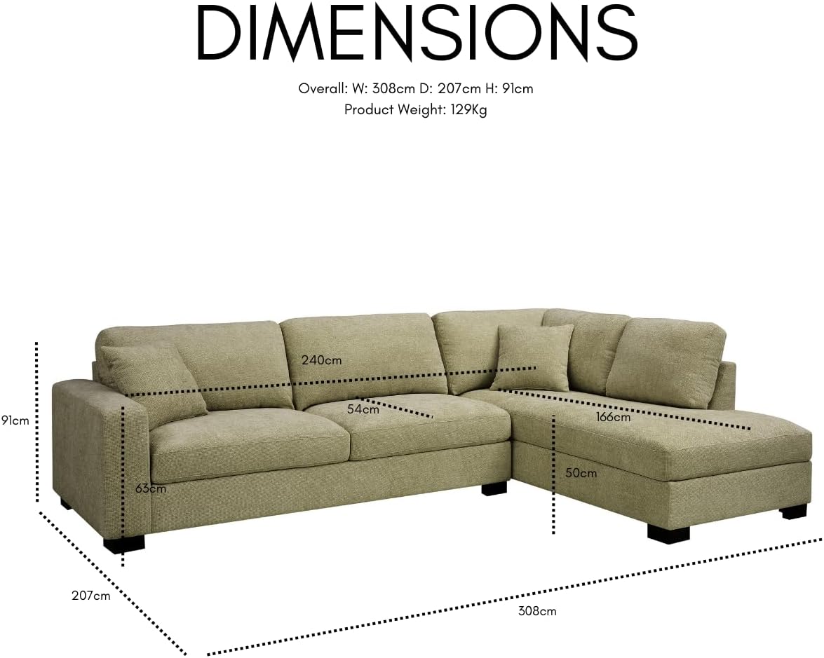 Large Corner Sofa, Left or Right Hand Corner Sofa, Couch in Upholstered Teddy Jumbo Cord or Chenille Fabric, L Shaped Sofas with Optional Footstool (Sage Green Chenille, Left Hand Facing)