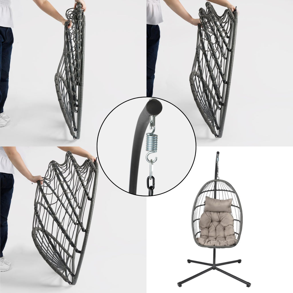 Hanging Egg Chair with Stand, Cushion & Foldable Rattan Basket