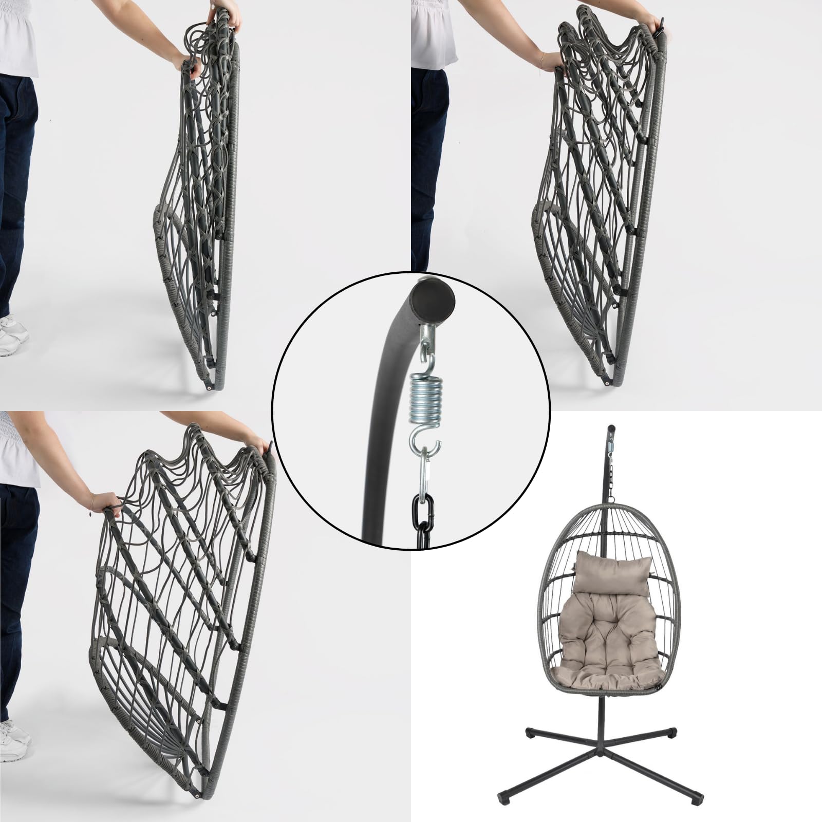 Hanging Egg Chair with Stand, Cushion & Foldable Rattan Basket