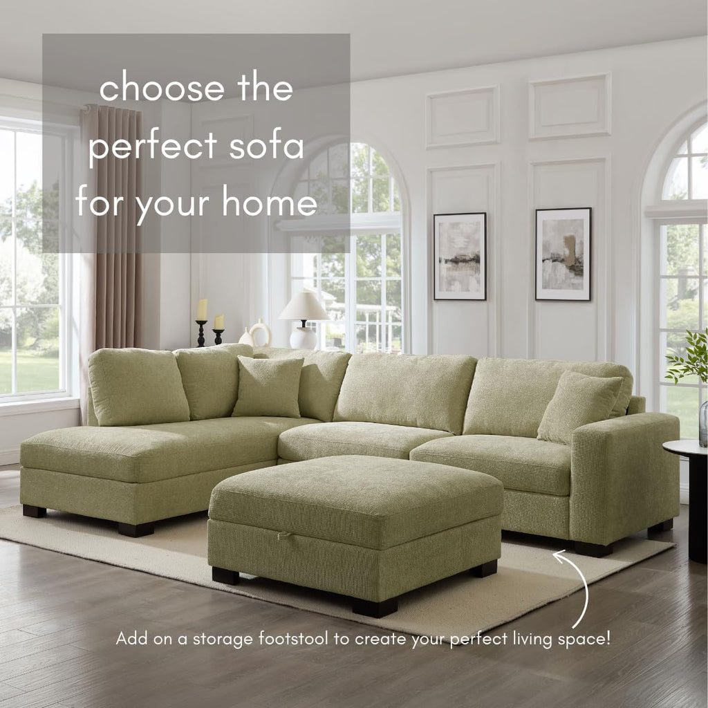 Large Corner Sofa, Left or Right Hand Corner Sofa, Couch in Upholstered Teddy Jumbo Cord or Chenille Fabric, L Shaped Sofas with Optional Footstool (Sage Green Chenille, Left Hand Facing)