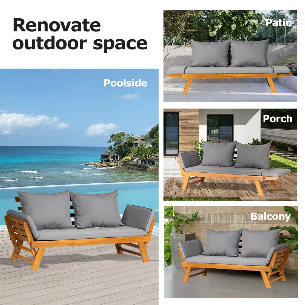 Acacia Wood Convertible Outdoor Sofa Bed with Adjustable Armrests & Cushions