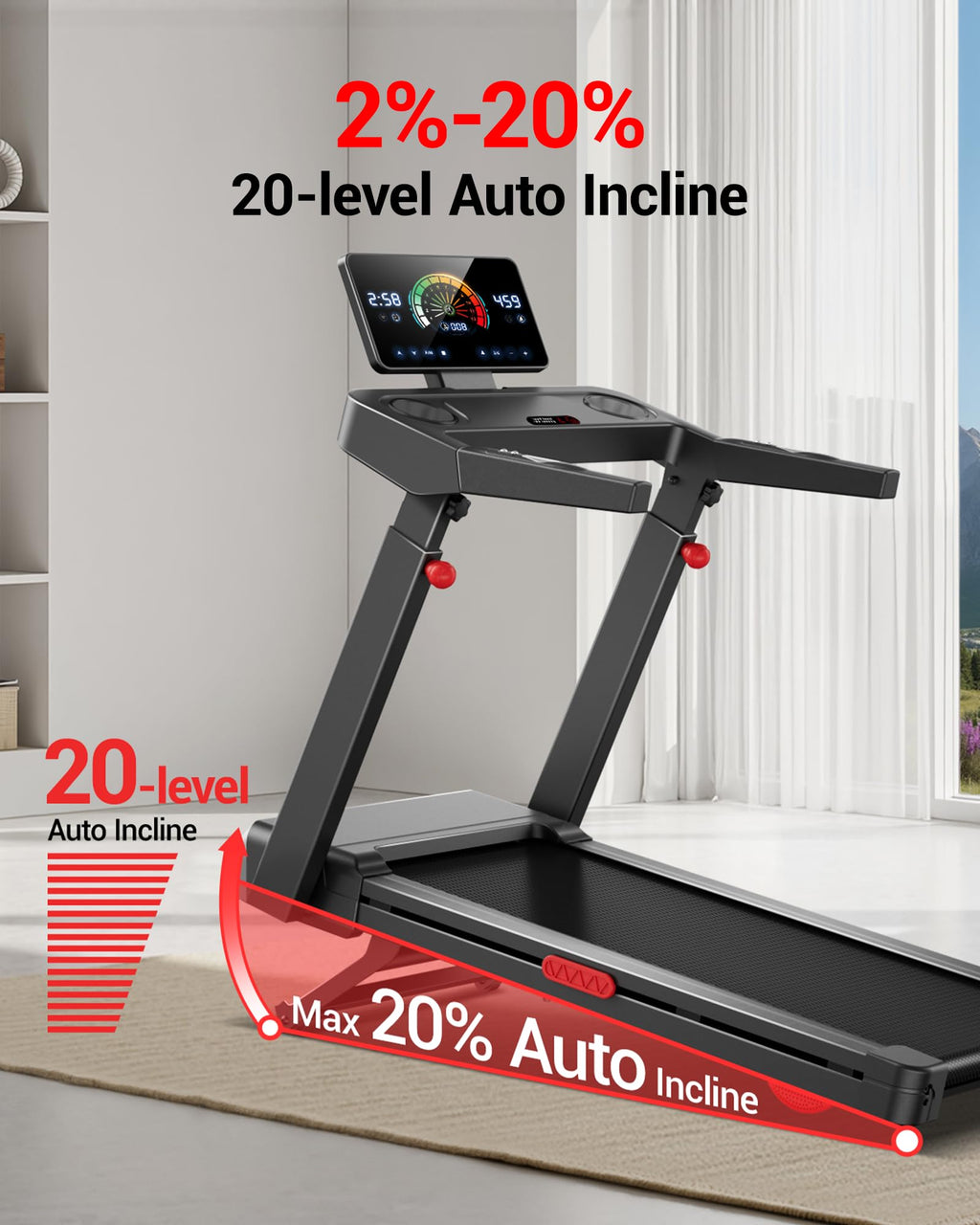 Heavy Duty Folding Treadmill with 20% Auto Incline & LED Touch Display