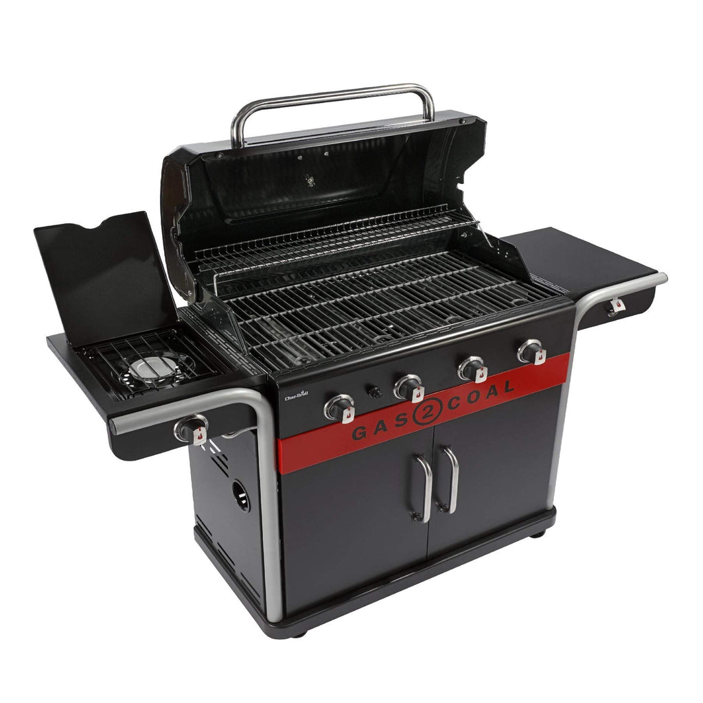 Hybrid Gas & Charcoal BBQ Grill with Cast Iron Grates & Temperature Gauge
