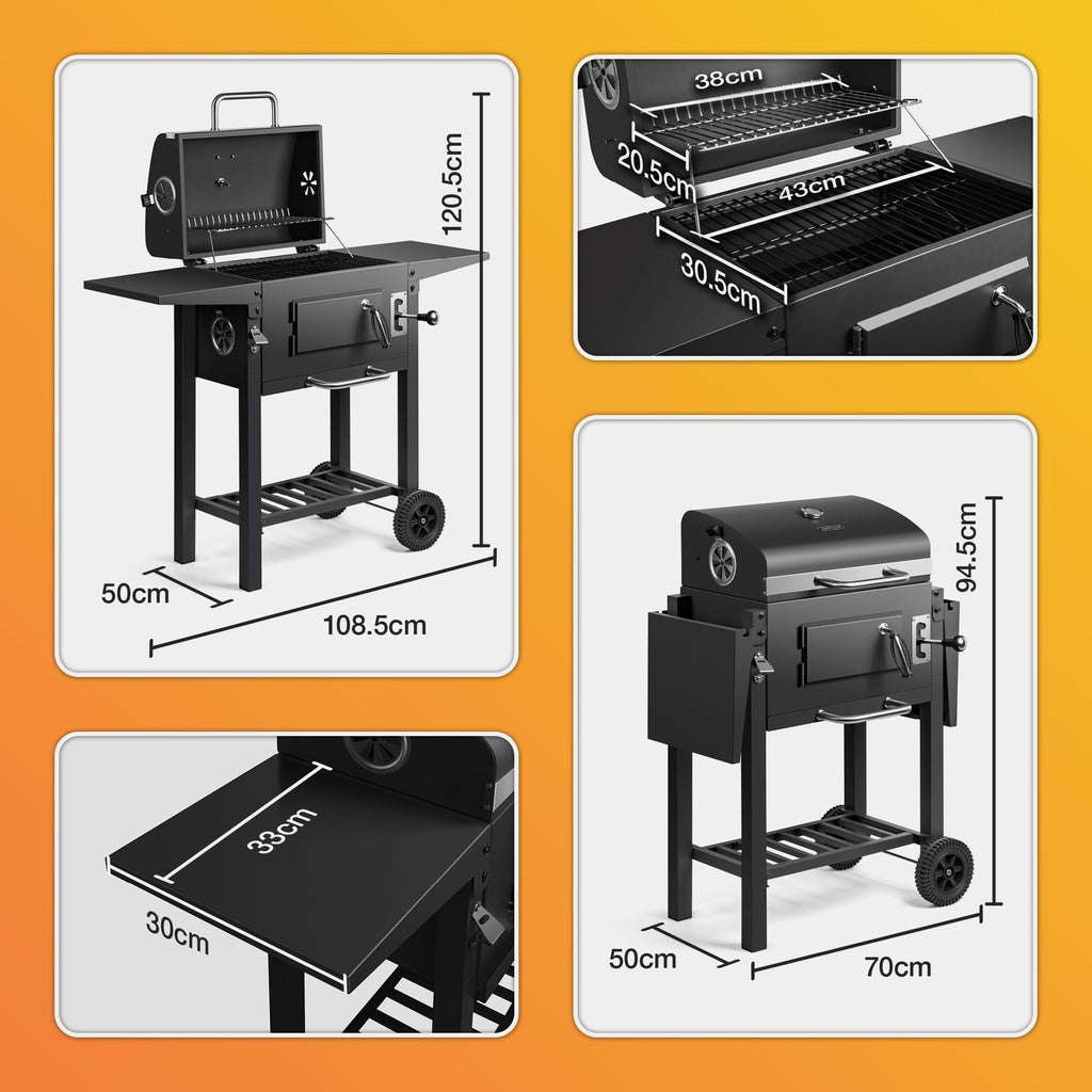 Charcoal BBQ Grill & Smoker with Temperature Gauge, Side Shelves & Storage Rack