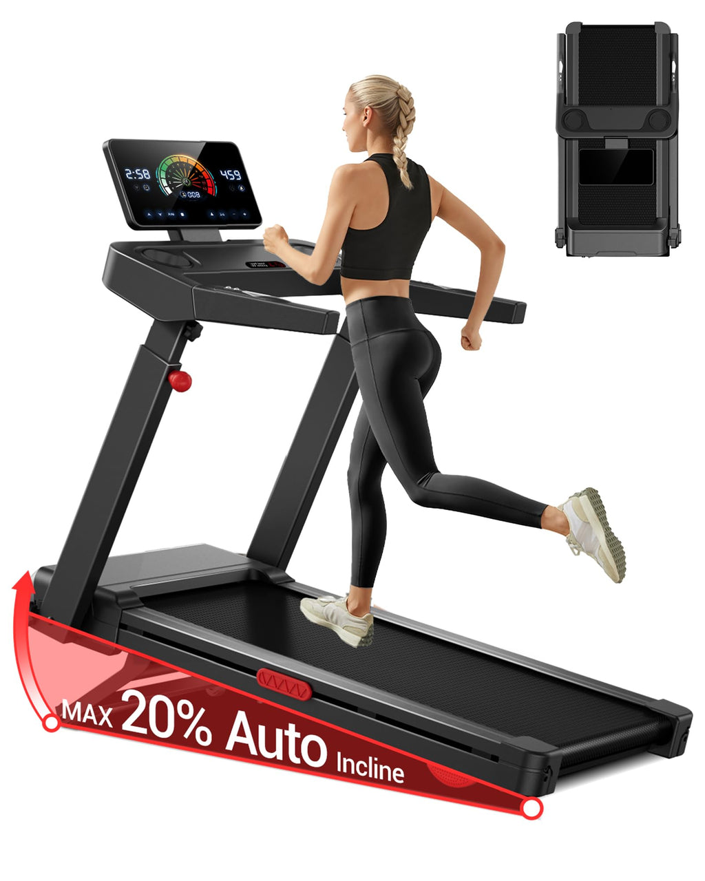 Heavy Duty Folding Treadmill with 20% Auto Incline & LED Touch Display