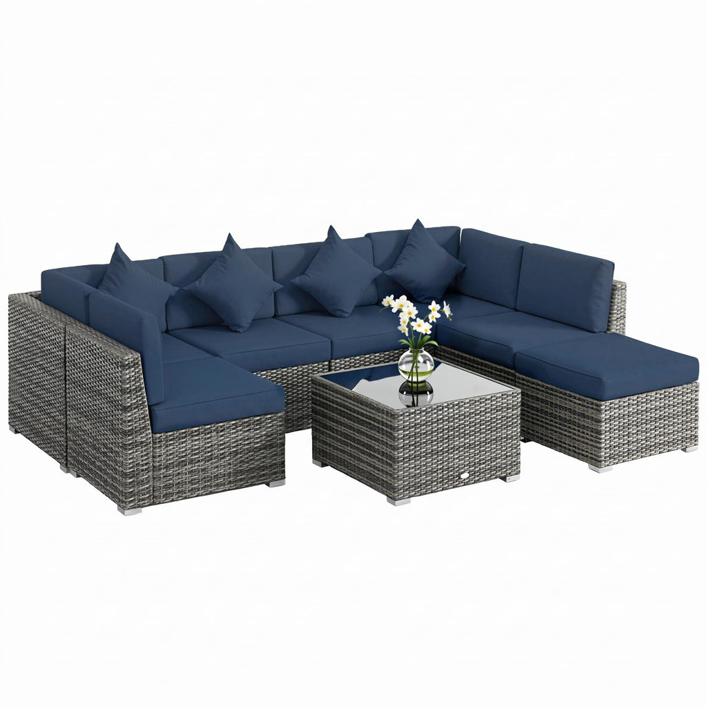 8 Piece Rattan Corner Sofa Set with Cushions & Glass Coffee Table