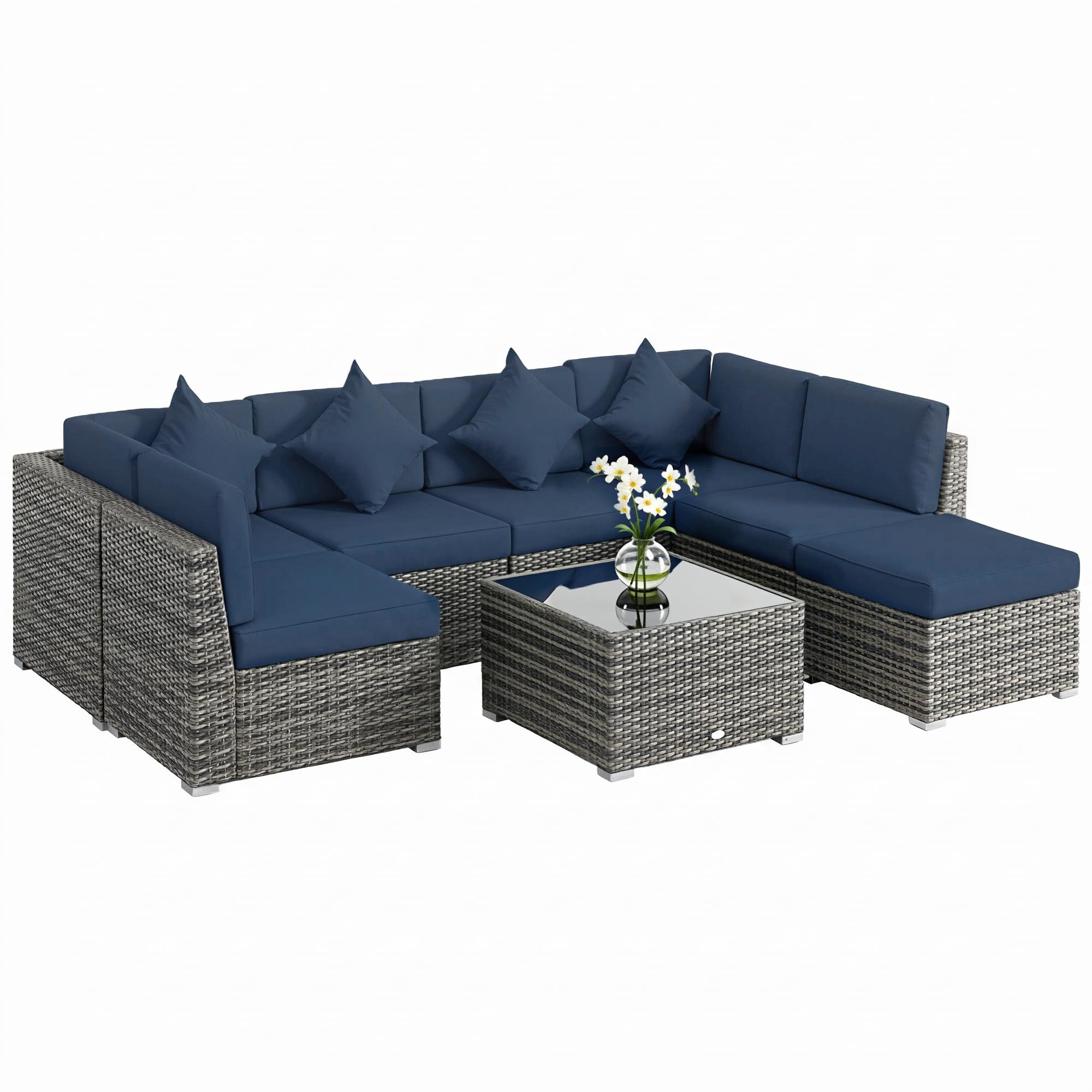 8 Piece Rattan Corner Sofa Set with Cushions & Glass Coffee Table