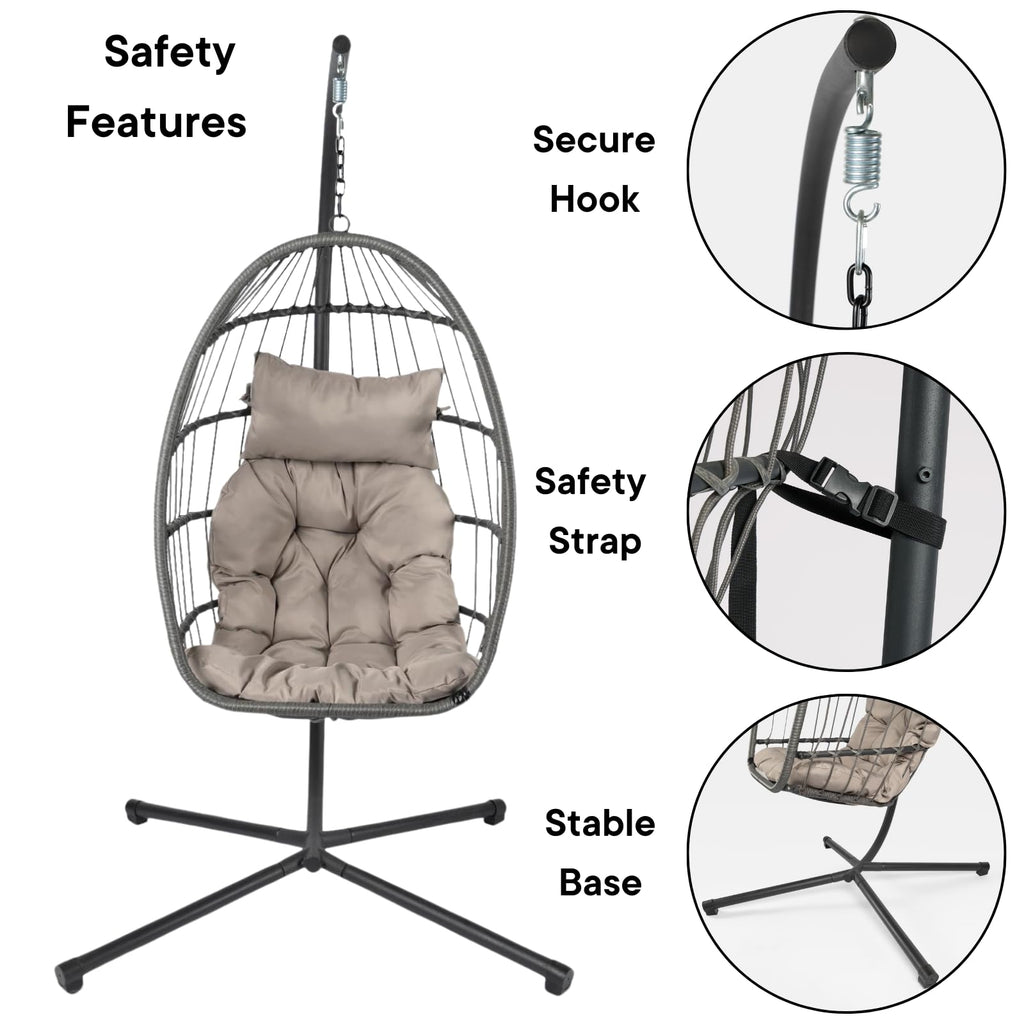 Hanging Egg Chair with Stand, Cushion & Foldable Rattan Basket