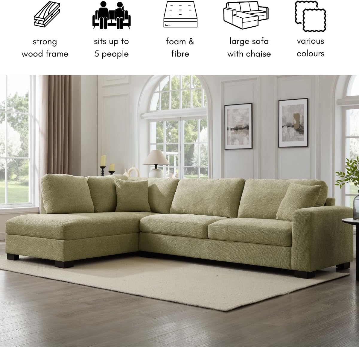 Large Corner Sofa, Left or Right Hand Corner Sofa, Couch in Upholstered Teddy Jumbo Cord or Chenille Fabric, L Shaped Sofas with Optional Footstool (Sage Green Chenille, Left Hand Facing)