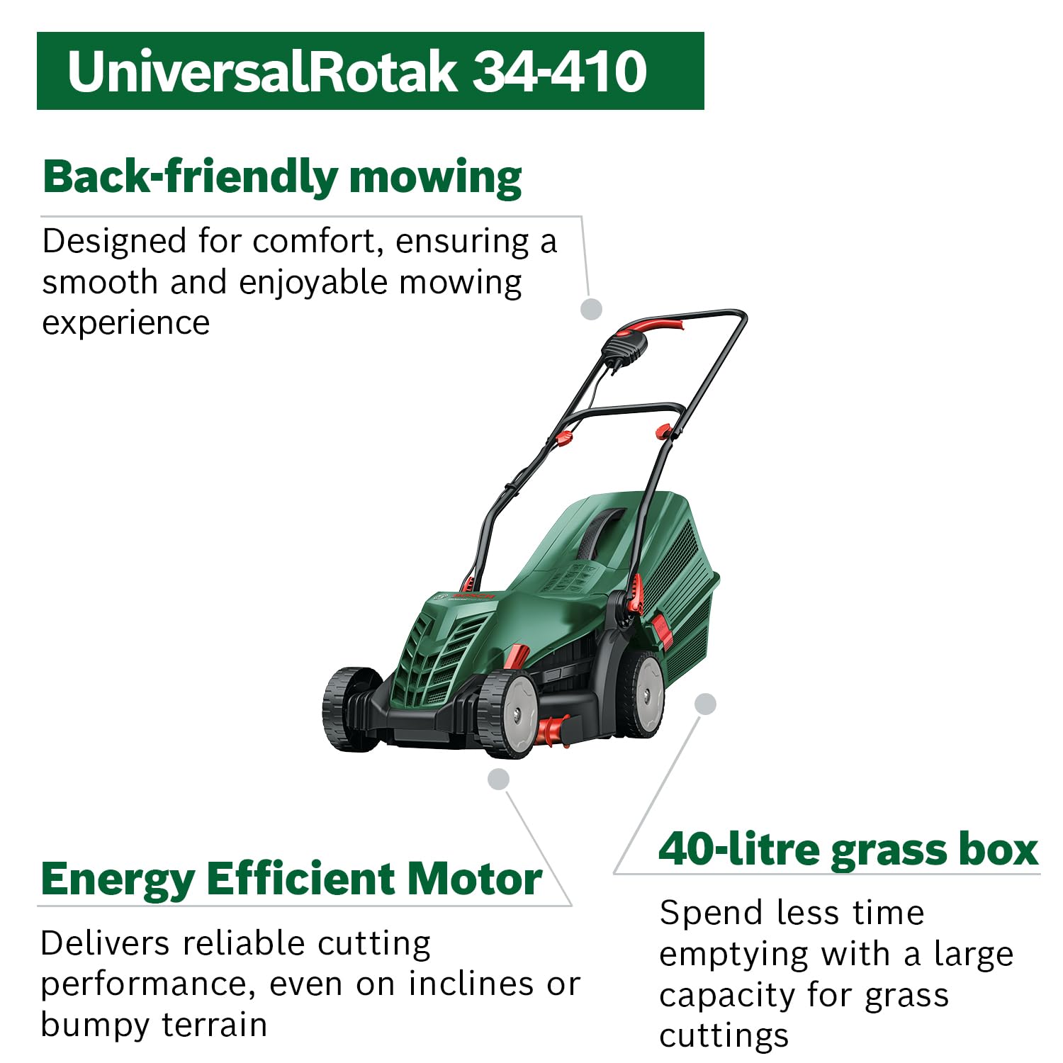Electric Lawn Mower with 34cm Cutting Width, GrassCombs & 40L Grass Box