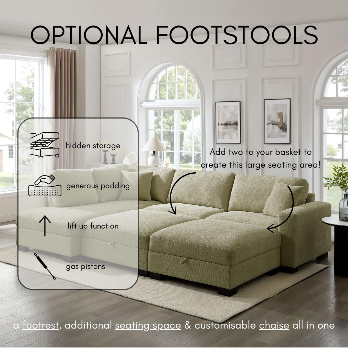 Large Corner Sofa, Left or Right Hand Corner Sofa, Couch in Upholstered Teddy Jumbo Cord or Chenille Fabric, L Shaped Sofas with Optional Footstool (Sage Green Chenille, Left Hand Facing)