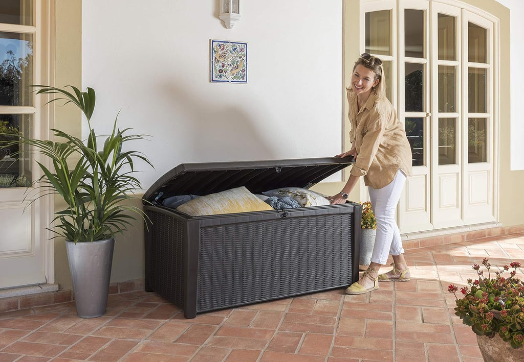 416L Outdoor Garden Storage Box with Lockable Lid & Rattan Effect Design