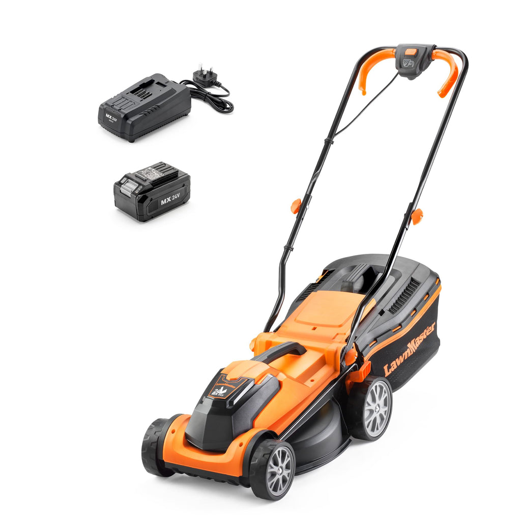 24V Cordless Lawn Mower with Battery, Fast Charger & Rear Roller