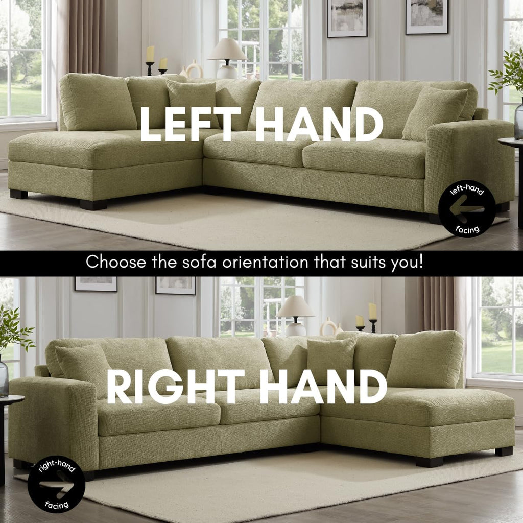 Large Corner Sofa, Left or Right Hand Corner Sofa, Couch in Upholstered Teddy Jumbo Cord or Chenille Fabric, L Shaped Sofas with Optional Footstool (Sage Green Chenille, Left Hand Facing)
