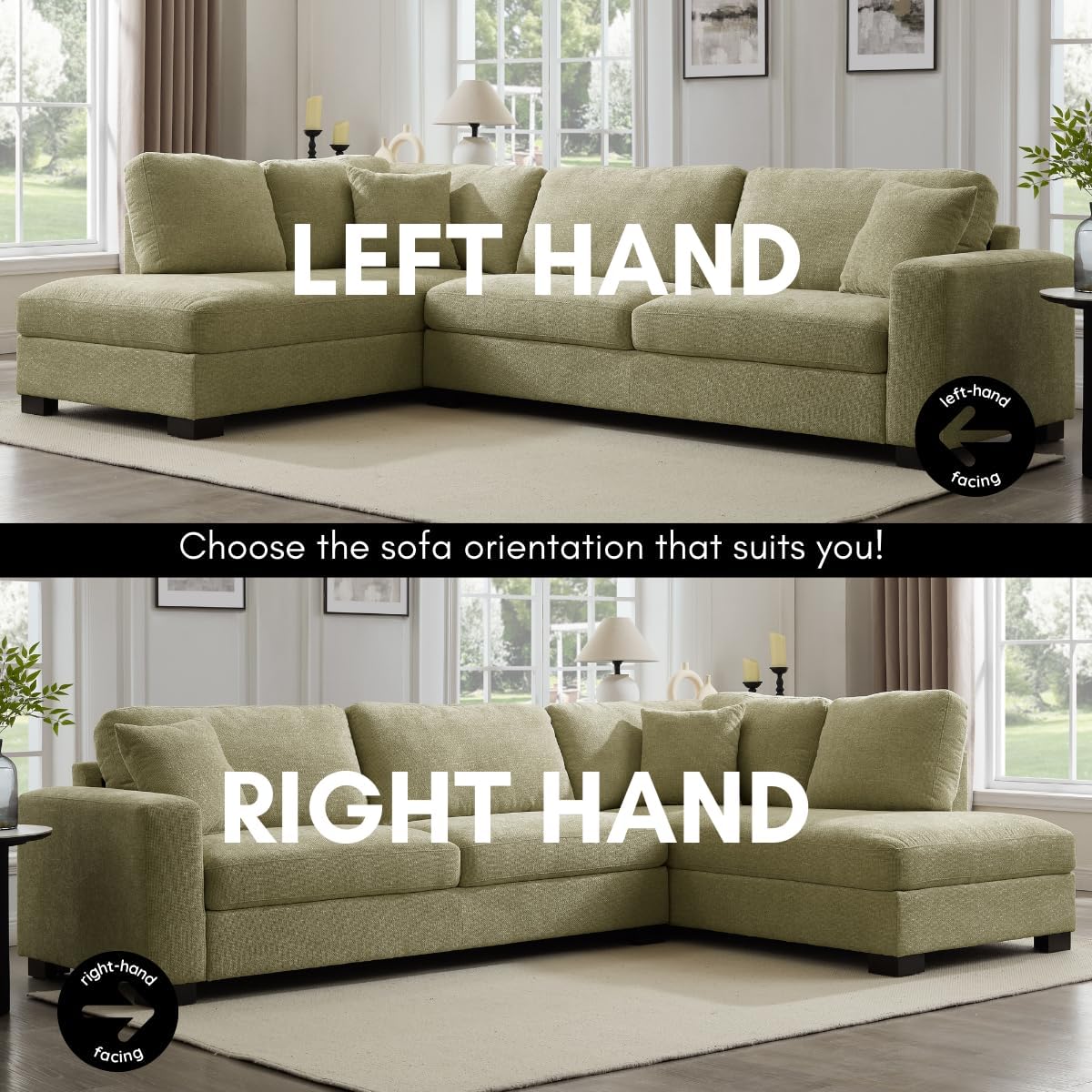 Large Corner Sofa, Left or Right Hand Corner Sofa, Couch in Upholstered Teddy Jumbo Cord or Chenille Fabric, L Shaped Sofas with Optional Footstool (Sage Green Chenille, Left Hand Facing)