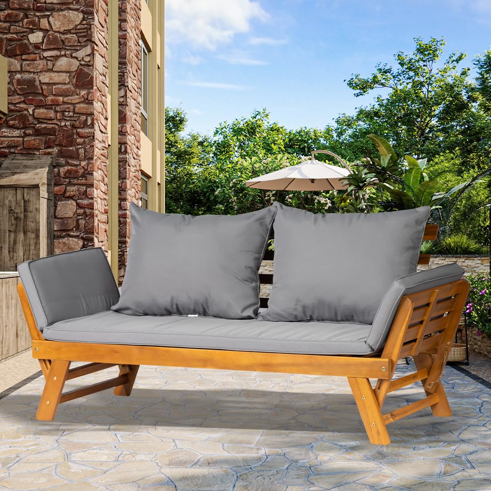 Acacia Wood Convertible Outdoor Sofa Bed with Adjustable Armrests & Cushions