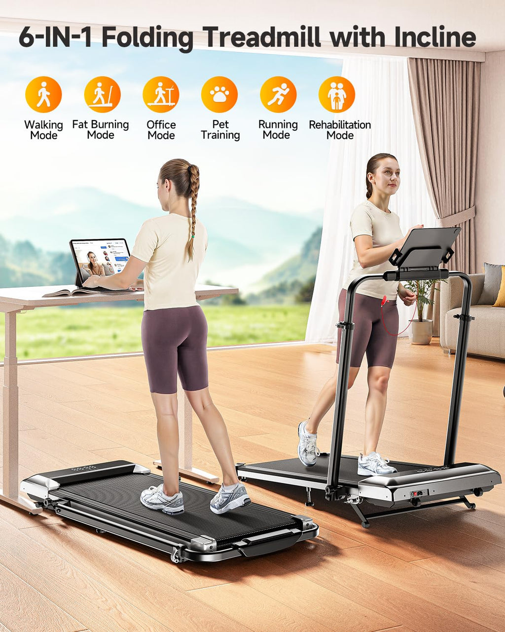 6-in-1 Folding Treadmill with Adjustable Incline, Handrail & Smart Display