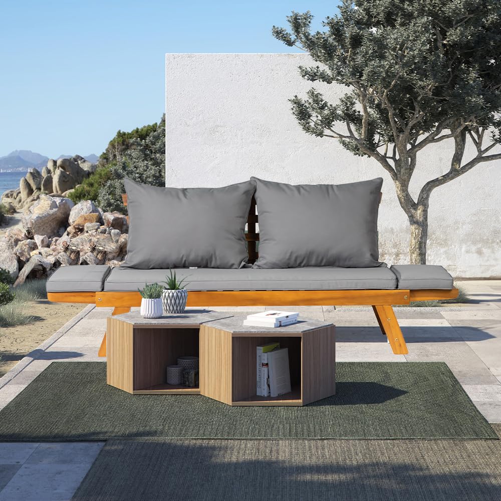 Acacia Wood Convertible Outdoor Sofa Bed with Adjustable Armrests & Cushions