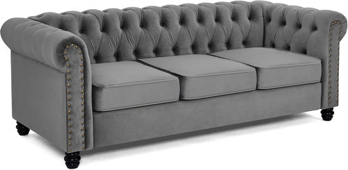 Home Detail Chesterfield Sofa Velvet Upholstered Couch in 2 Seater or 3 Seater Fabric Sofa in Grey, Blue, Black, Green, Gold (3 Seater, Grey)