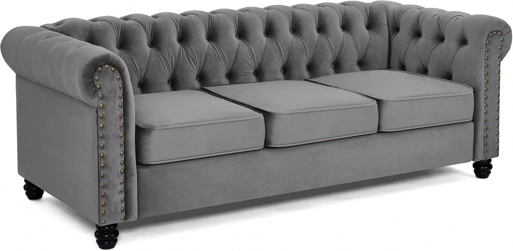 Home Detail Chesterfield Sofa Velvet Upholstered Couch in 2 Seater or 3 Seater Fabric Sofa in Grey, Blue, Black, Green, Gold (3 Seater, Grey)