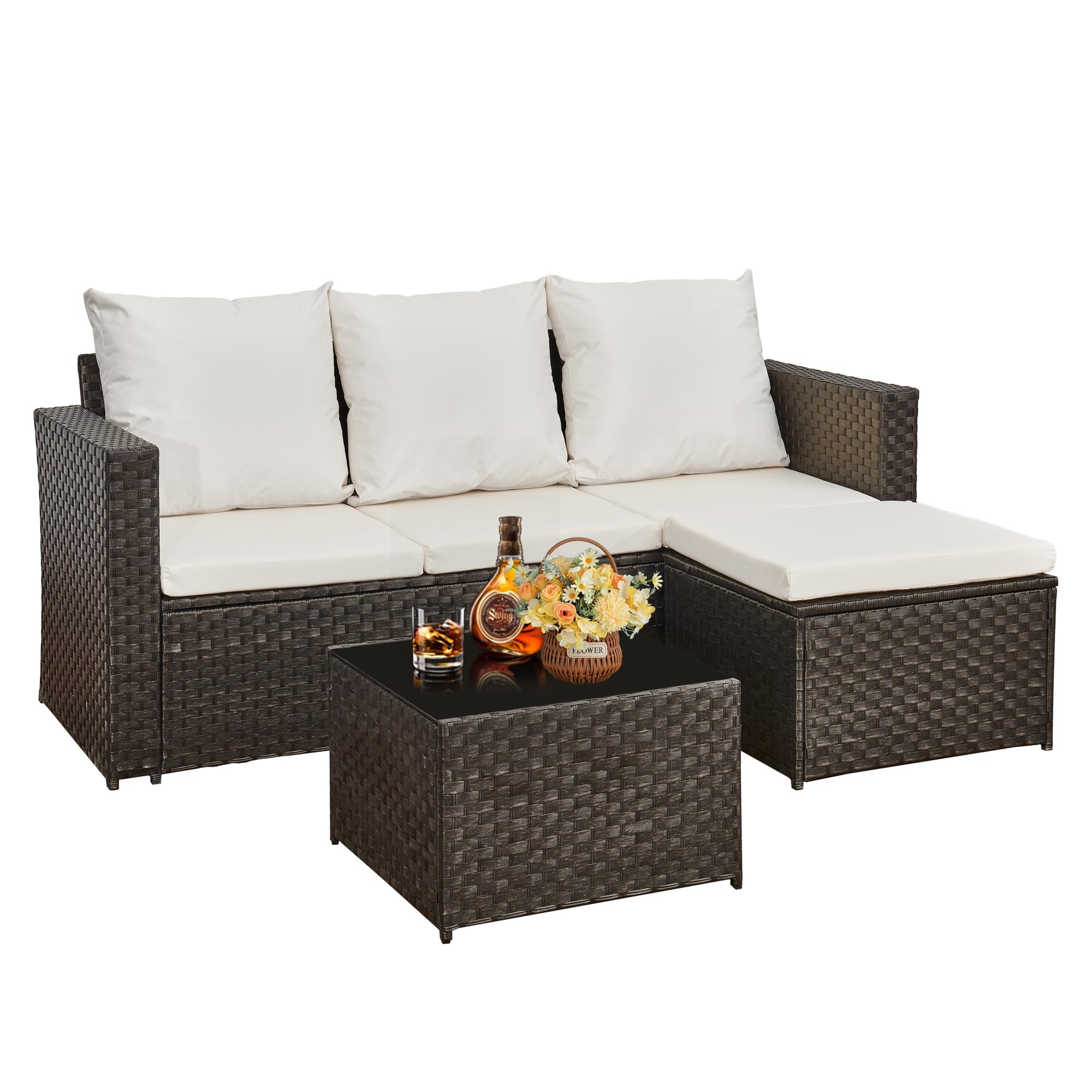 3 Piece Rattan Corner Sofa Set with Coffee Table & Cushions