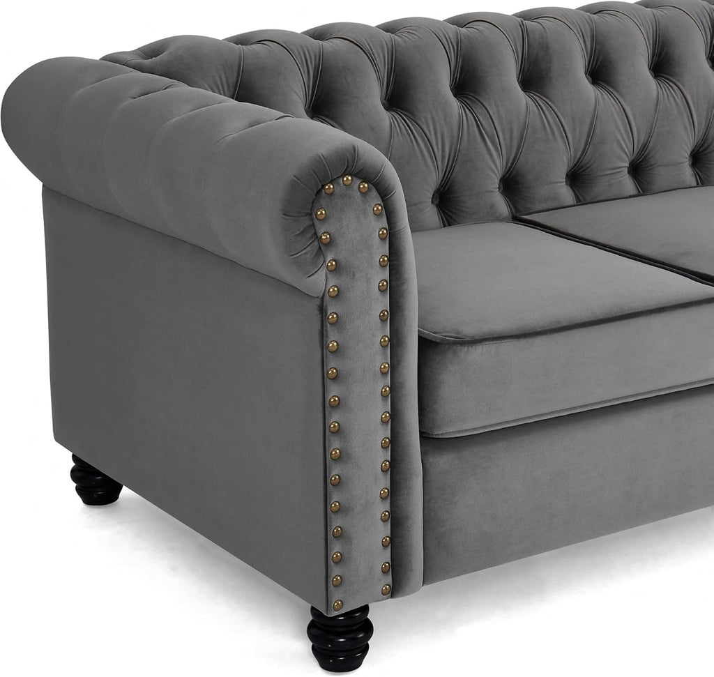 Home Detail Chesterfield Sofa Velvet Upholstered Couch in 2 Seater or 3 Seater Fabric Sofa in Grey, Blue, Black, Green, Gold (3 Seater, Grey)