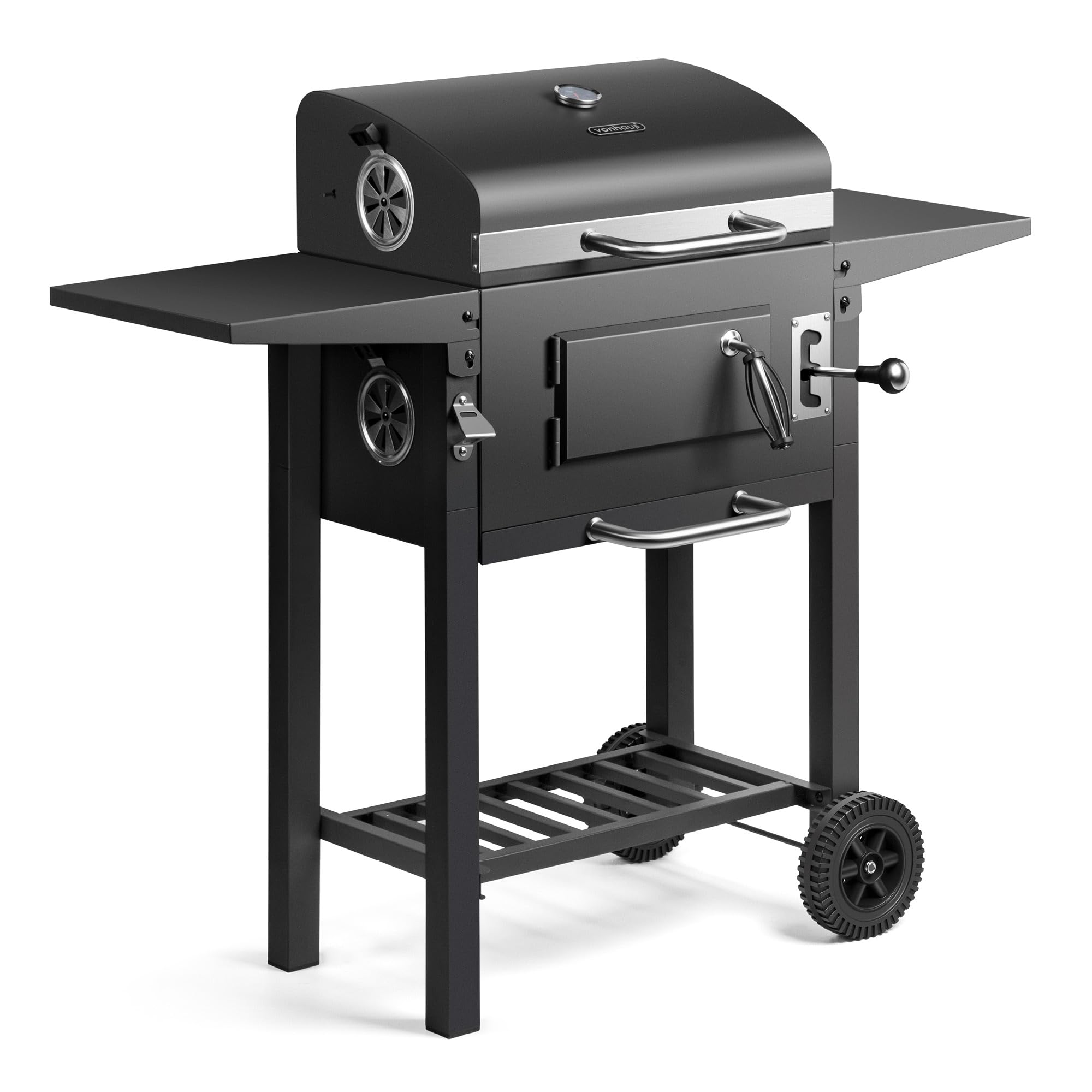 Charcoal BBQ Grill & Smoker with Temperature Gauge, Side Shelves & Storage Rack