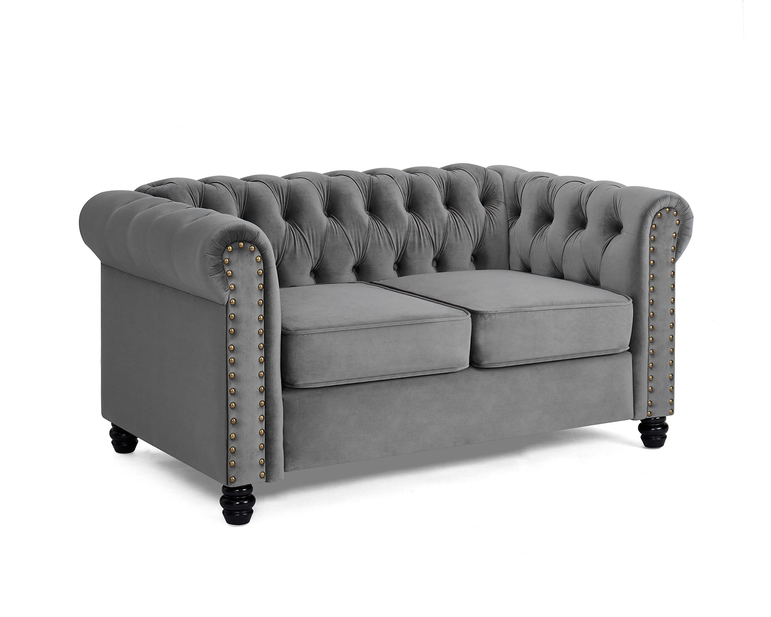 Home Detail Chesterfield Sofa Velvet Upholstered Couch in 2 Seater or 3 Seater Fabric Sofa in Grey, Blue, Black, Green, Gold (3 Seater, Grey)