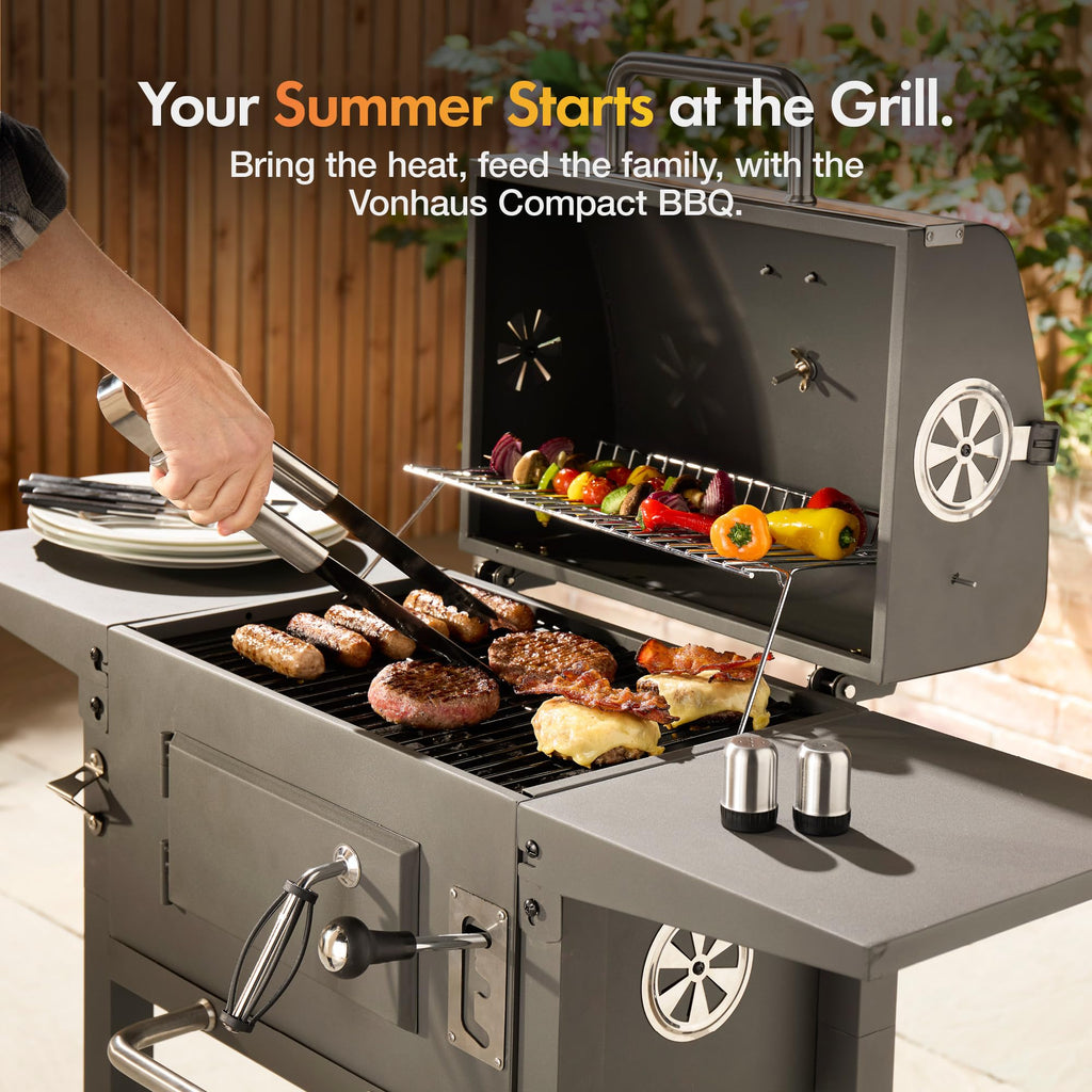 Charcoal BBQ Grill & Smoker with Temperature Gauge, Side Shelves & Storage Rack