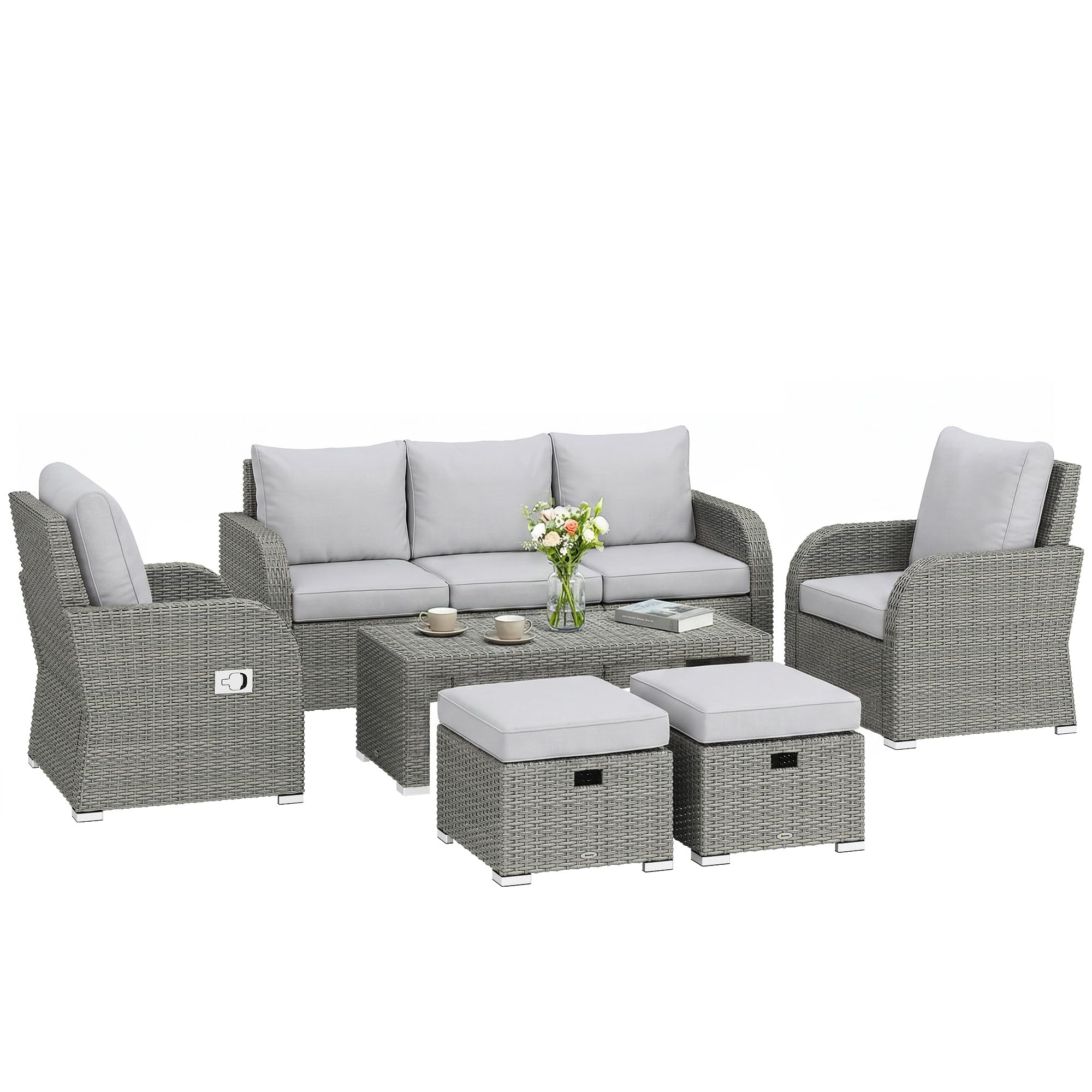 7 Seater Rattan Garden Furniture Set with Reclining Chairs, Footstools & Coffee Table