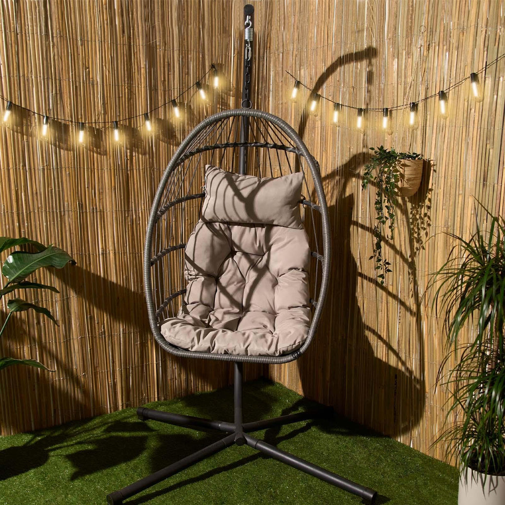 Hanging Egg Chair with Stand, Cushion & Foldable Rattan Basket