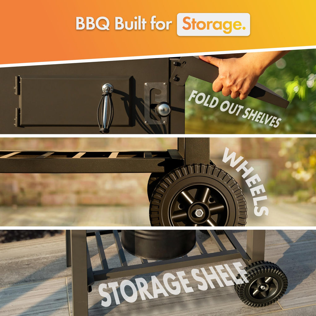Charcoal BBQ Grill & Smoker with Temperature Gauge, Side Shelves & Storage Rack