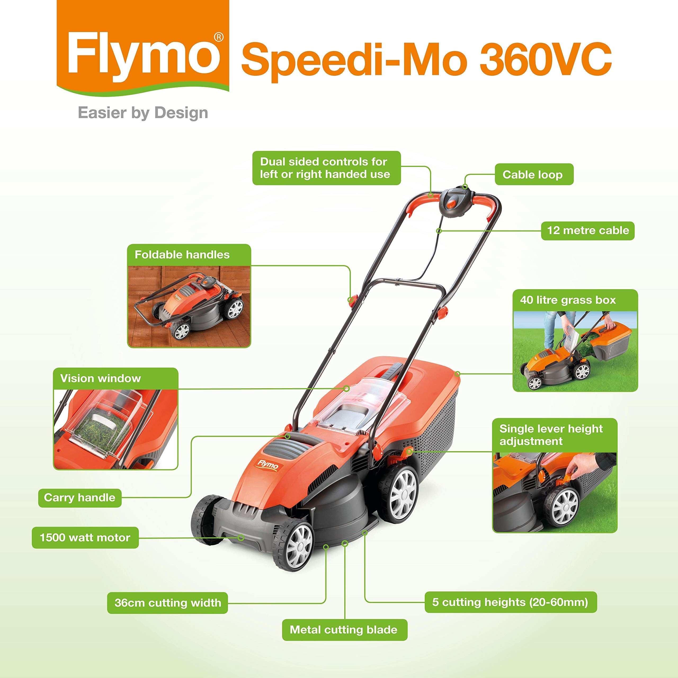 1500W Electric Lawn Mower with 36cm Cutting Width & 40L Grass Box