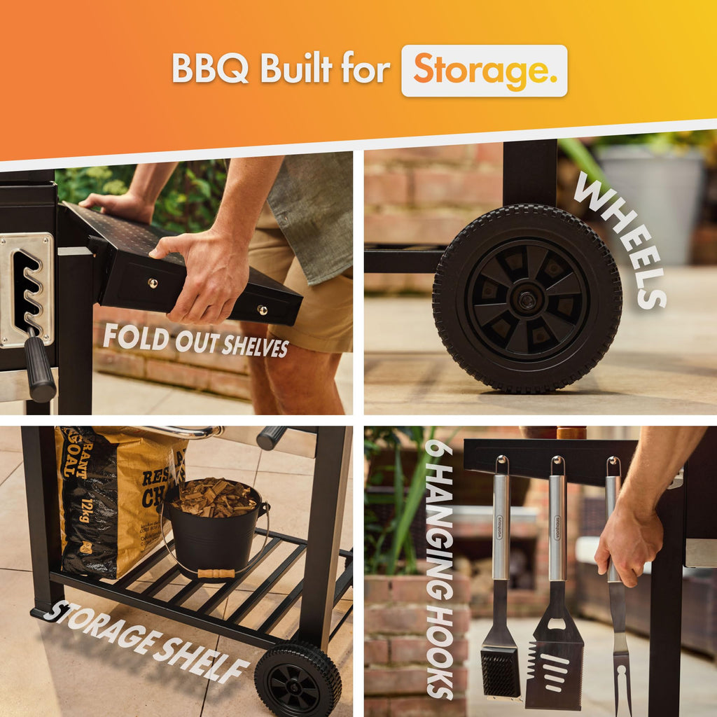 XL Charcoal BBQ Grill & Smoker with Cast Iron Grates, Side Shelves & Warming Rack