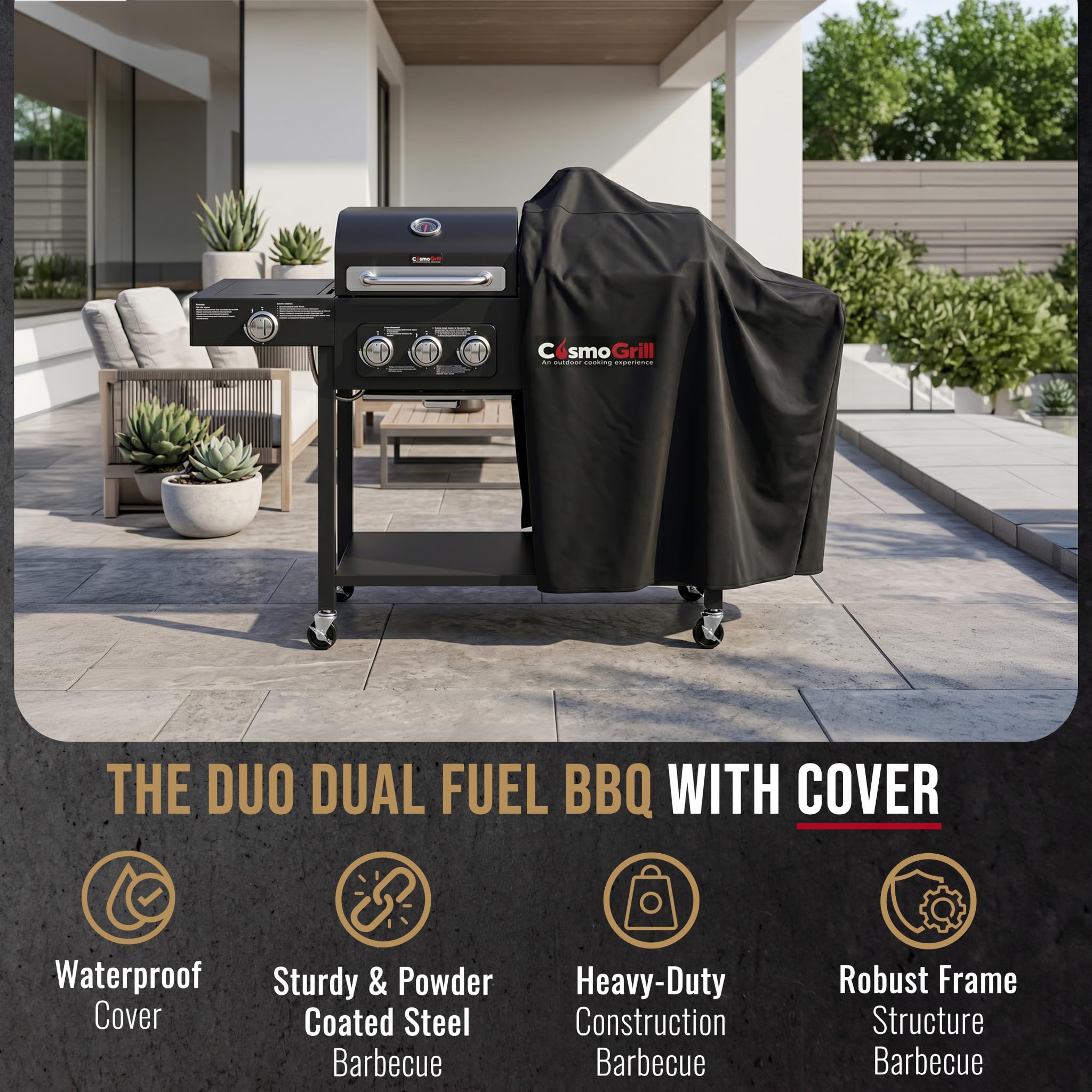 Hybrid Gas & Charcoal BBQ Grill with Smoker, Side Burner & Protective Cover