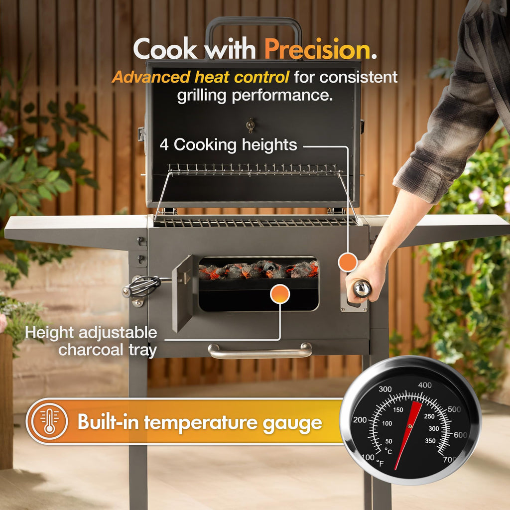 Charcoal BBQ Grill & Smoker with Temperature Gauge, Side Shelves & Storage Rack
