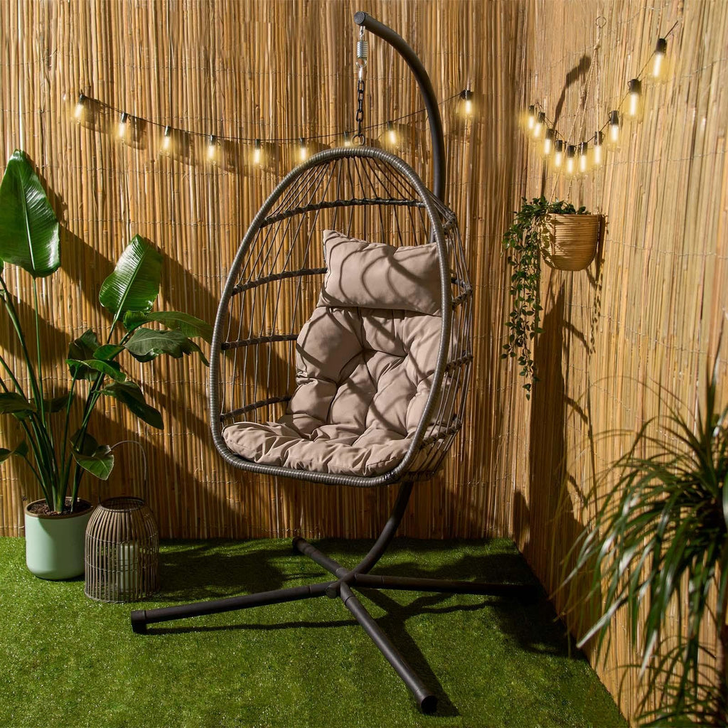 Hanging Egg Chair with Stand, Cushion & Foldable Rattan Basket
