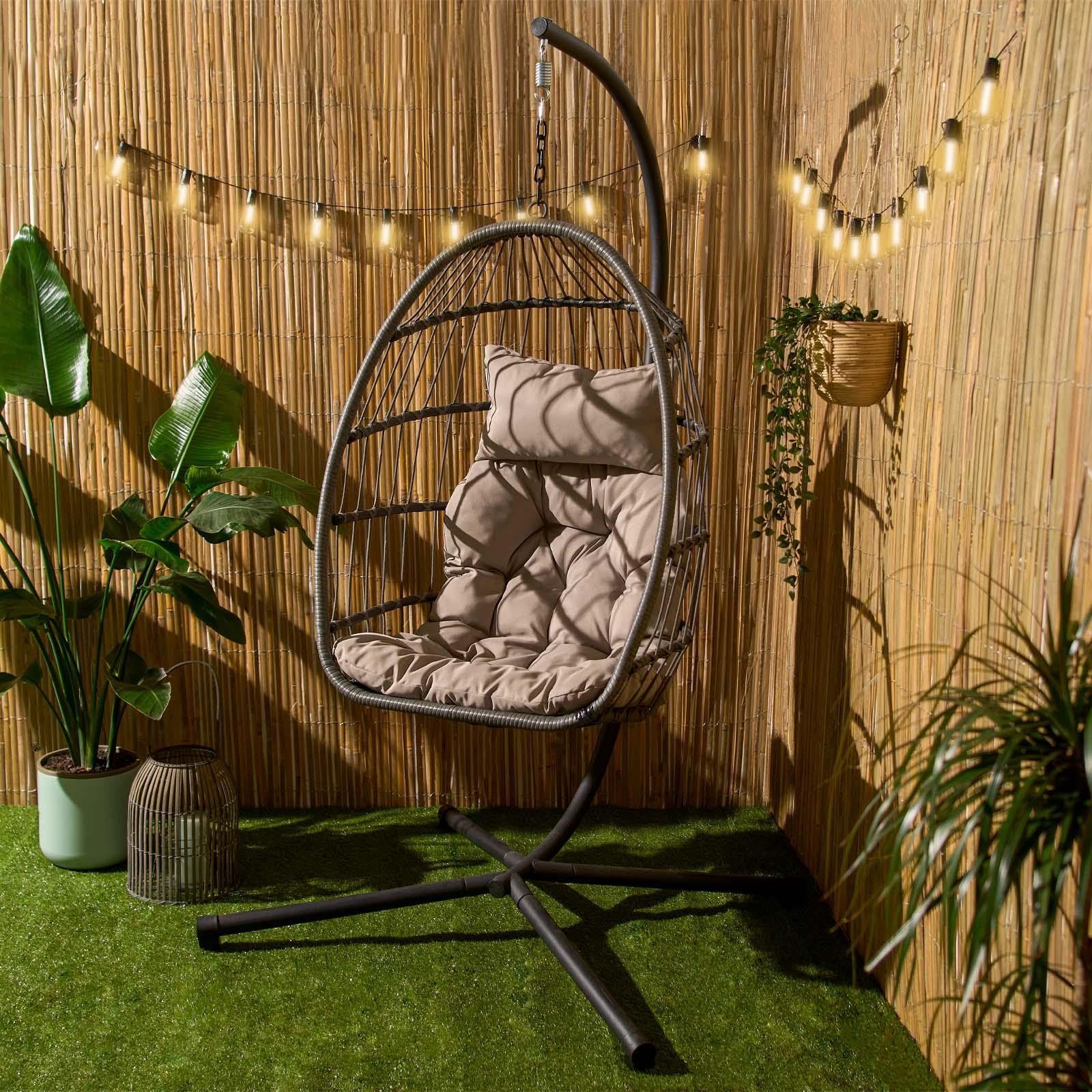 Hanging Egg Chair with Stand, Cushion & Foldable Rattan Basket