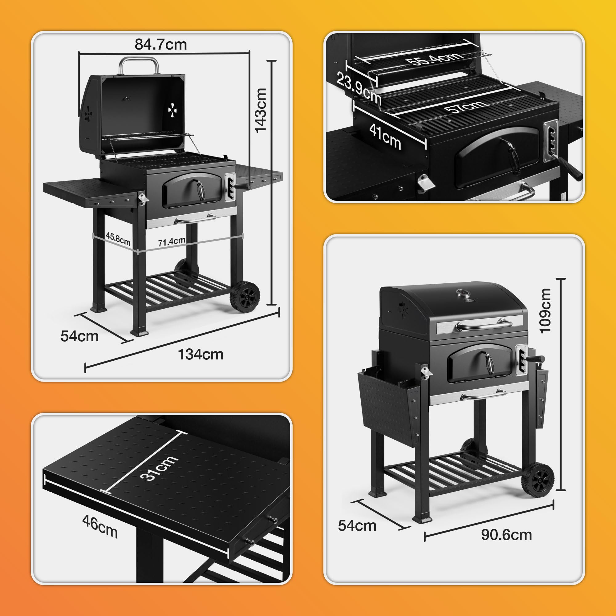 XL Charcoal BBQ Grill & Smoker with Cast Iron Grates, Side Shelves & Warming Rack