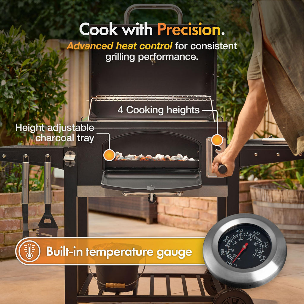 XL Charcoal BBQ Grill & Smoker with Cast Iron Grates, Side Shelves & Warming Rack